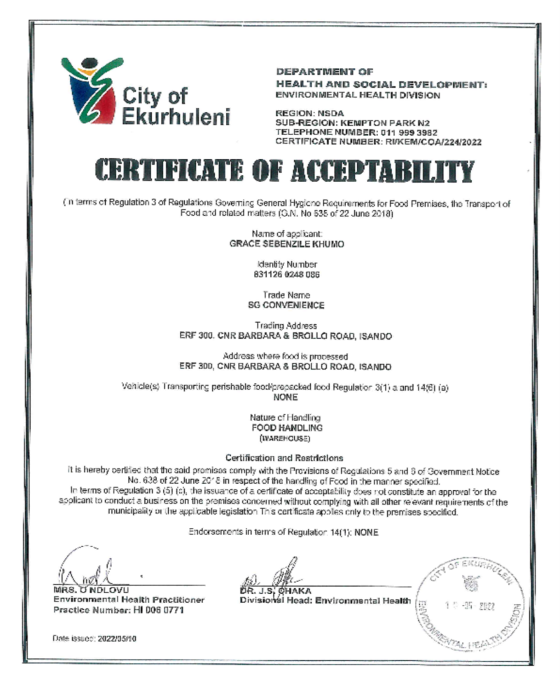Our Certifications – SG Convenience